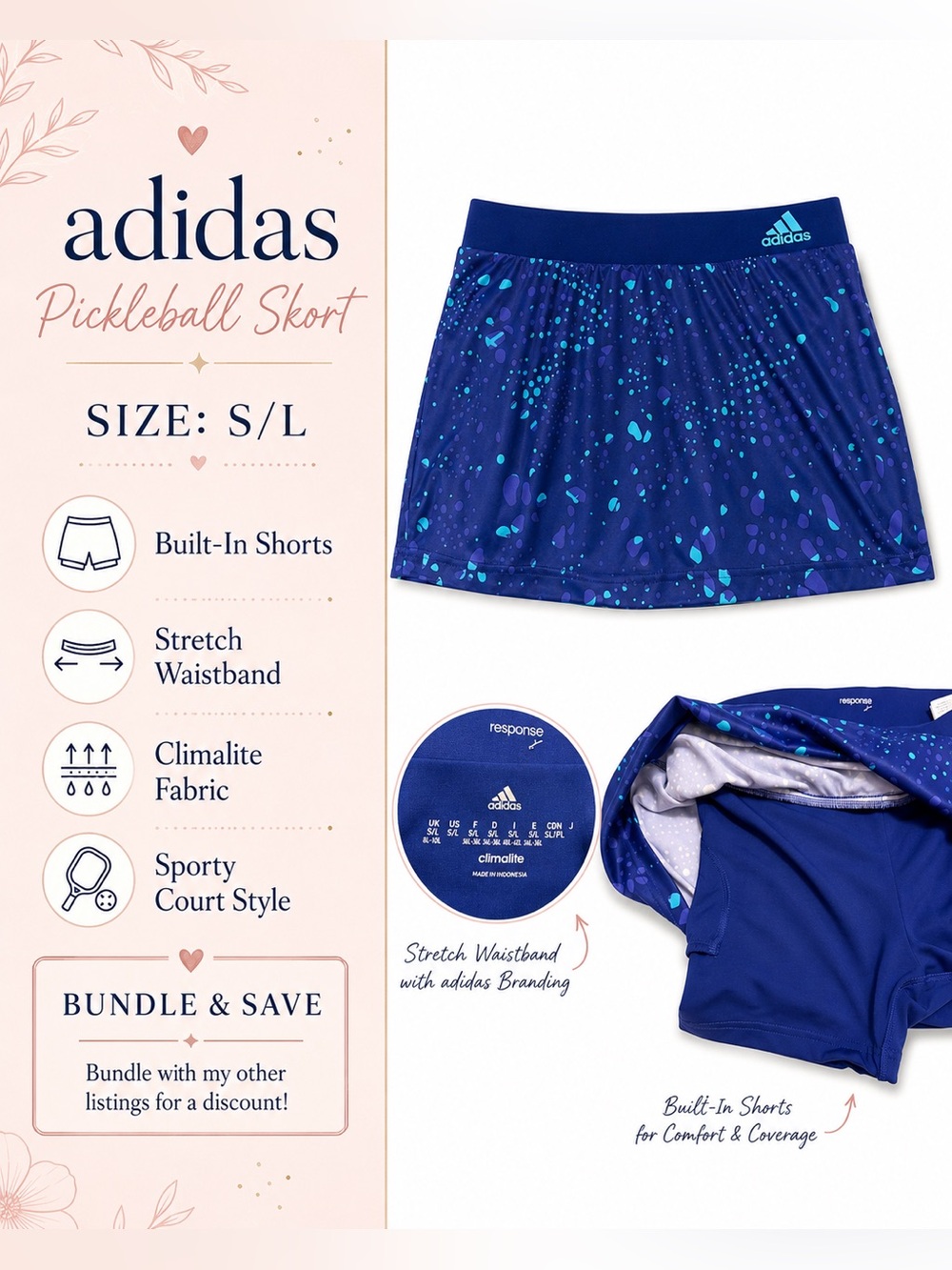 adidas medium Blue Speckle Pickleball Skort with Built-In Shorts